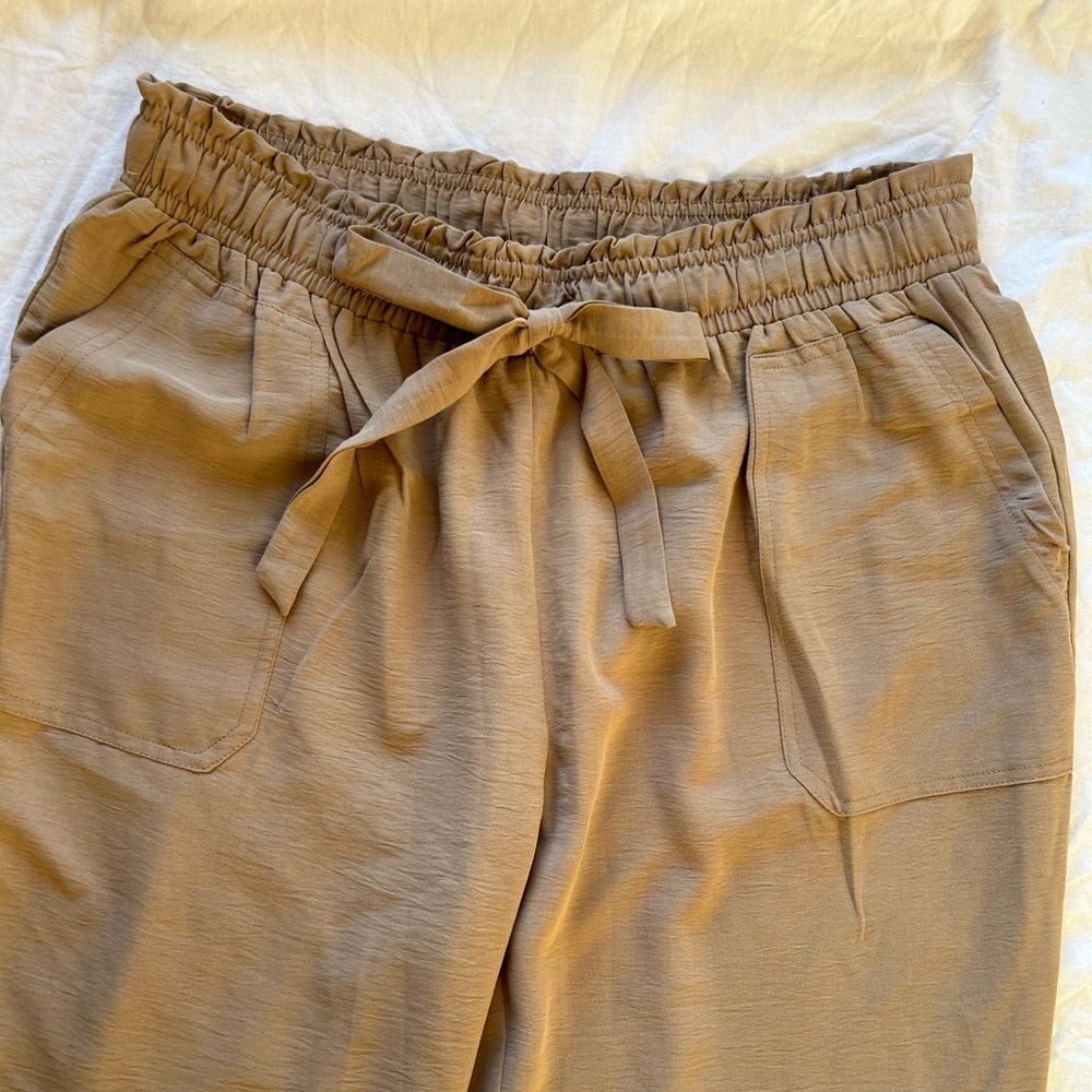 Unbranded Tan Jogger Pants Elastic Paperbag Waist Boho Casual Workwear 37x25 - Picture 2 of 12